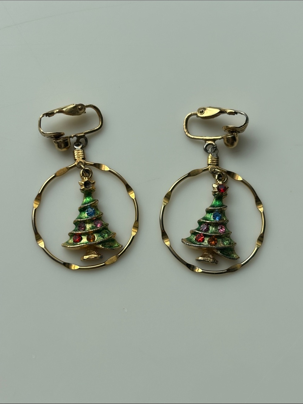 Nordstrom Gold-Tone Christmas Tree Hoop Drop Clipon Earrings with Green Enamel